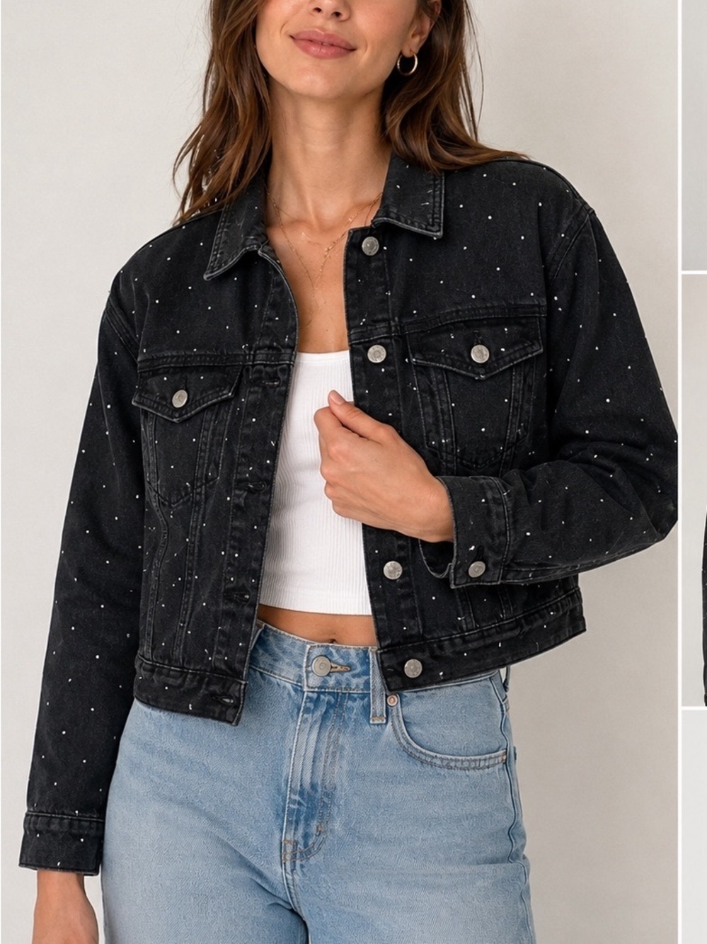 Madewell Boxy-Crop Black Denim Jacket Metallic Dot Embroidery Size Small